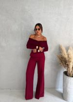 Bordo trendy zvonaste pantalone visokog struka sa kosim džepovima
