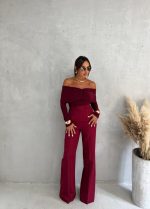 Bordo trendy zvonaste pantalone visokog struka sa kosim džepovima