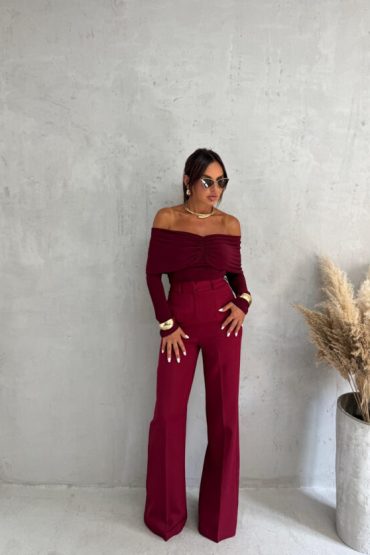 Bordo trendy zvonaste pantalone visokog struka sa kosim džepovima