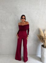Bordo trendy zvonaste pantalone visokog struka sa kosim džepovima