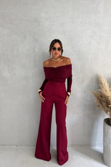 Bordo trendy zvonaste pantalone visokog struka sa kosim džepovima