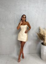 Mini elegantna korset haljina od brokat sjajnog satena šampanj bež boje
