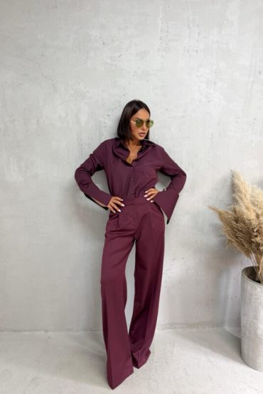Bordo trendi zvonaste pantalone plićeg struka sa kosim džepovima