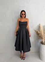 Midi crna elegantna korset haljina A kroja ispod kolena od čvrstog brokata