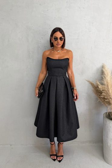 Midi crna elegantna korset haljina A kroja ispod kolena od čvrstog brokata