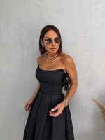 Midi crna elegantna korset haljina A kroja ispod kolena od čvrstog brokata