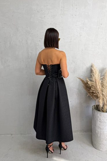 Midi crna elegantna korset haljina A kroja ispod kolena od čvrstog brokata