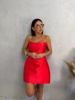 Mini elegantna korset haljina od brokat sjajnog satena koralno crvene boje
