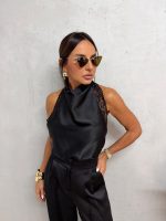 Elegantna crna satenska bluza sa čipkom
