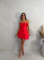 Mini elegantna korset haljina od brokat sjajnog satena koralno crvene boje