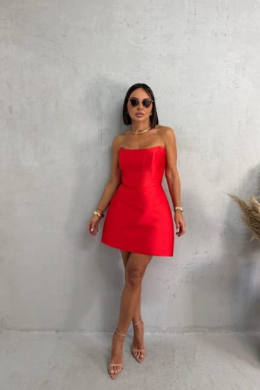 Mini elegantna korset haljina od brokat sjajnog satena koralno crvene boje