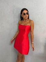 Mini elegantna korset haljina od brokat sjajnog satena koralno crvene boje