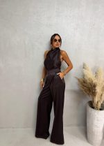 Elegantna braon satenska bluza sa čipkom