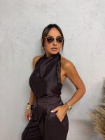 Elegantna braon satenska bluza sa čipkom