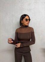 Polu-transparentna braon basic bluza dugih rukava sa rolkom