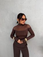 Polu-transparentna braon basic bluza dugih rukava sa rolkom