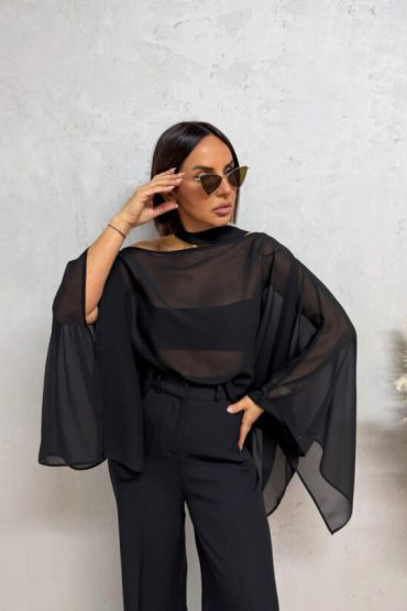 MISHA BLACK TRANSPARENTNA BLUZA SA MIŠ RUKAVIMA