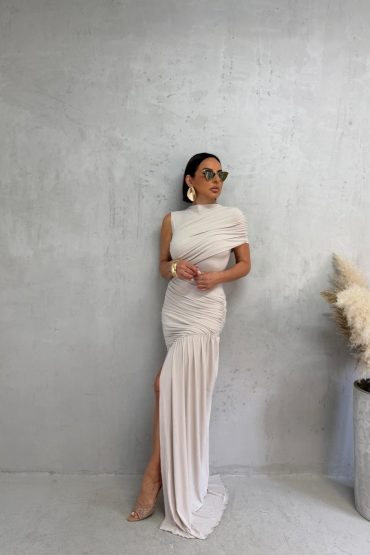 BONNIE IVORY ASYMMETRIC GATHERED DRESS