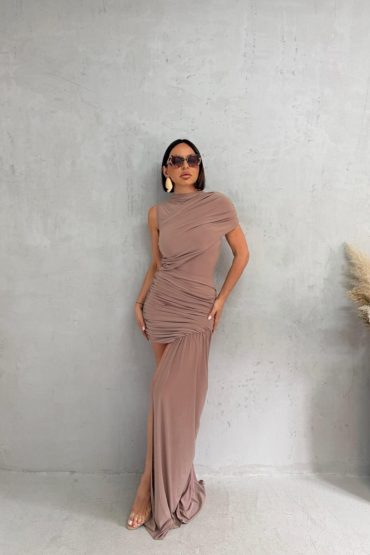 BONNIE POWDER ASYMMETRIC GATHERED DRESS